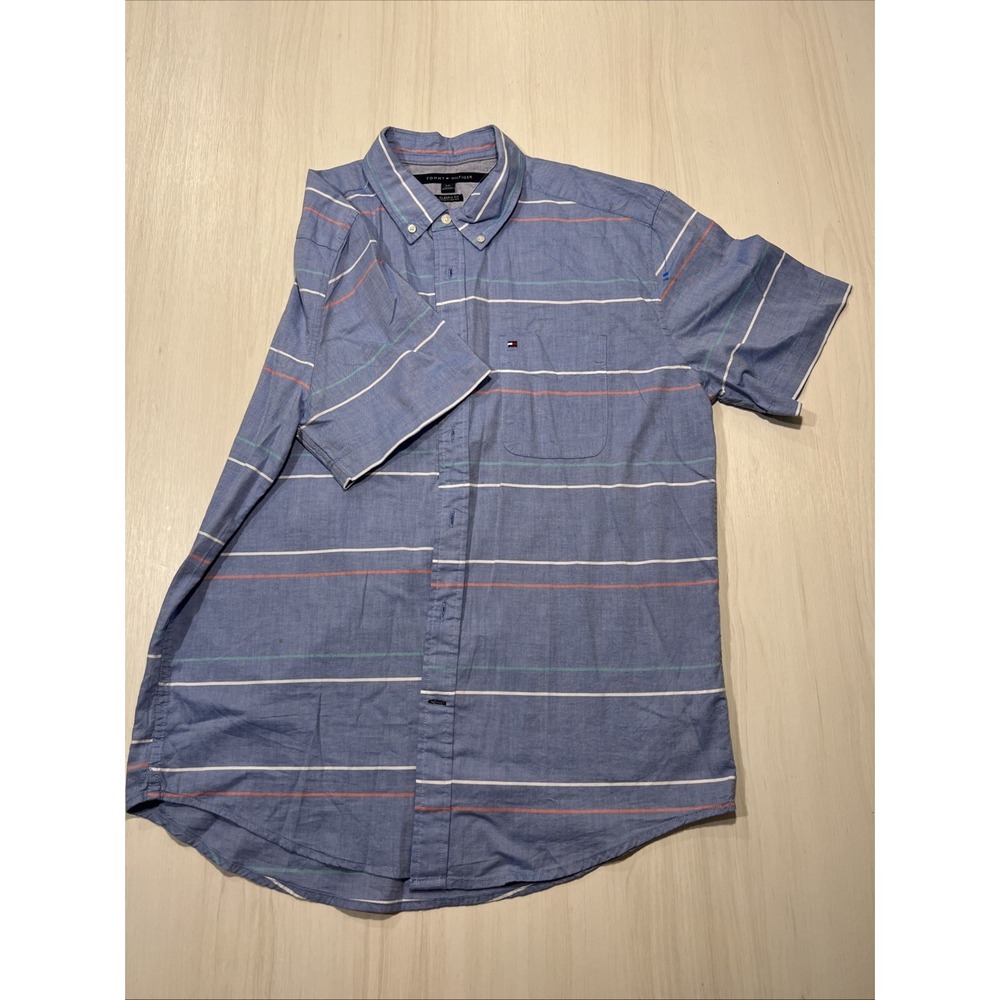 Men's Blue Short Sleeve Collared Striped Shirt By Tommy Hilfiger, 2XL, Preowned
